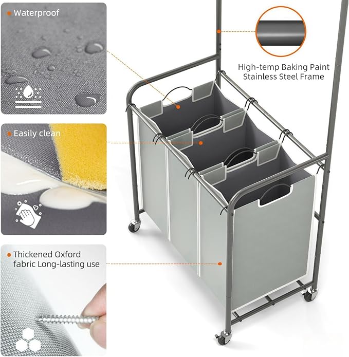 ROMOON Laundry Sorter Hamper with Hanging Bar, 3 Section Rolling Laundry Cart with Clothes Rack & Heavy-Duty Lockable Wheels, Divided Laundry Basket Organizer for Apartment & Small Spaces ((130L Grey)