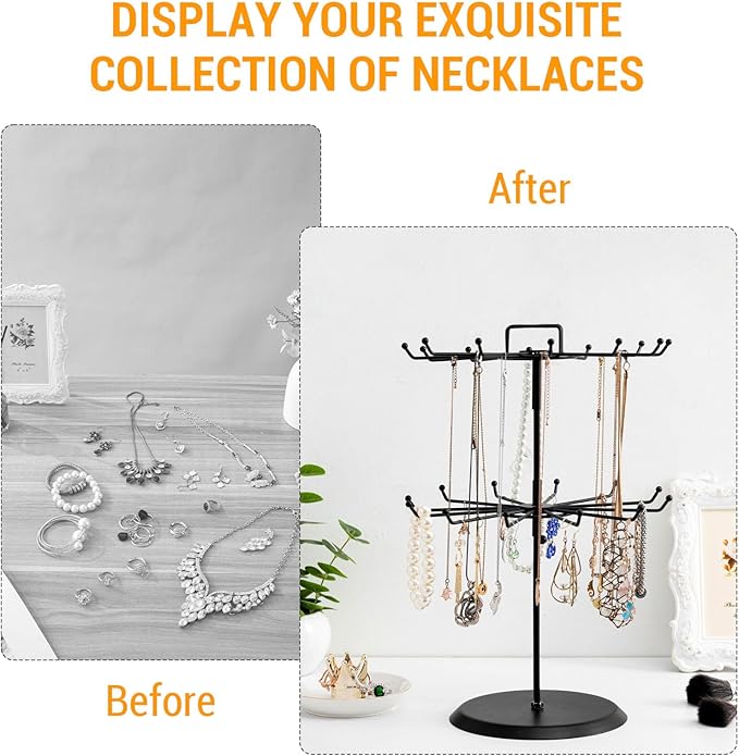 MyGift 2 Tier Black Metal Rotating Necklace tree stand for vendor & bracelet holder Jewelry Stand with 24 Hooks, Multipurpose Accessory and Keychain Spinning Display with Top Handle Card organizer