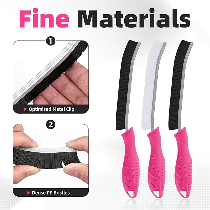 Hard Bristle Crevice Cleaning Brush - Cleaning Supplies - Grout Cleaning Brushes for Household Use - Crevice Cleaning Tool for Bathroom, Home and Kitchen (3, Rose)