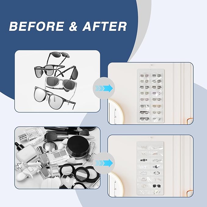 Hanging Sunglasses Organizer and Storage, Dual-Sided Sunglasses Case and Jewelry Holder, Wall-Mounted, 32 Clear Slots, Dust-Proof, Roof Design for Travel, White