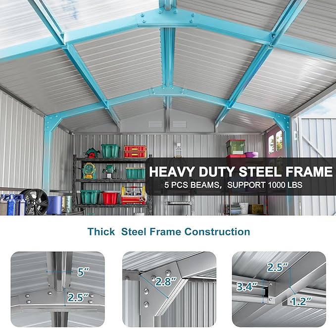 12x10 FT Outdoor Metal Shed,Unique Clear Roof Windows Lockable Double Door Air Vent,Heavy Duty Reinforced Frame Waterproof Sheds for Garden Storage Large Lawnmower Tool,Dark Grey