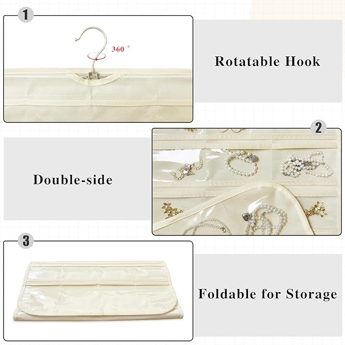 1 Pack Hanging Jewelry Organizer 80-Pocket Dual-sided Jewelry Storage for Earring Necklace Bracelet Ring Travel Holder, Beige