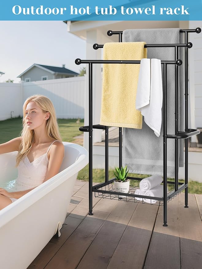 Haturi Free Standing Towel Rack for Bathroom, 39" Black 3-Tier Rust-Resistant Outdoor Towel Drying Rack for Pool, Metal Blanket Rack Holder with Storage Basket for Oversized Bath Towels