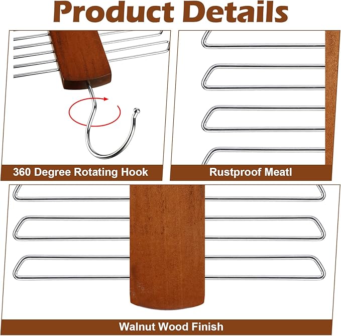 4 Pieces Tie Hanger for Men Wooden Necktie and Belt Hanger Wooden Tie Rack Holder Walnut Center Organizer and Storage Rack Finish 20 Hooks Space Saving Organizer for Closet(Archaize Color)