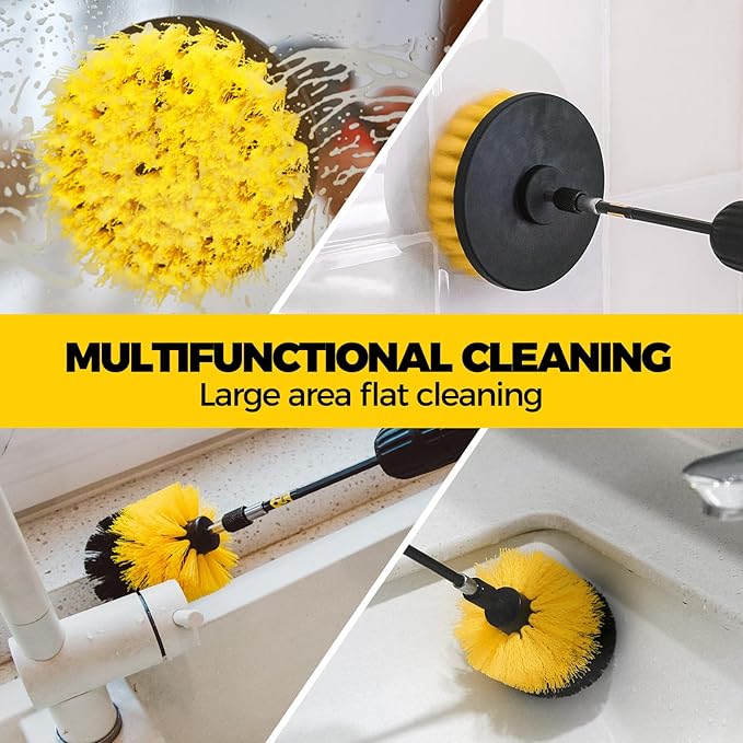 Holikme 5Pack Drill Brush Attachment Set，Power Scrubber Brush Extended Long Attachment for Bathroom Surfaces, Grout, Floors, bathtubs, Showers, Tiles, Kitchens and Cars，Yellow