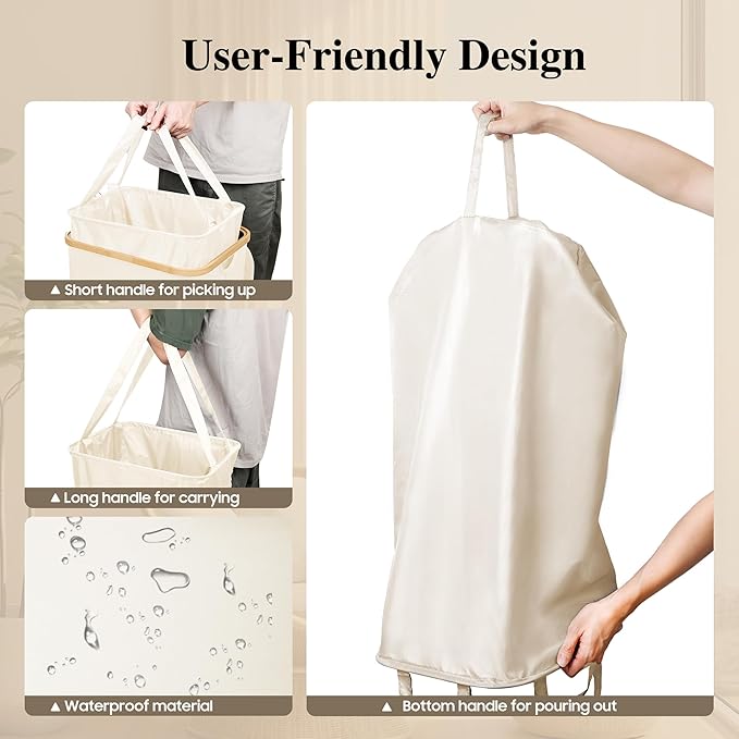 Large Laundry Hamper, 75L Waterproof Laundry Basket with Lid and Removable Bag, Collapsible Tall Clothes Hamper with Bamboo Handles for Clothes Toys in Dorm Bedroom Bathroom, Beige