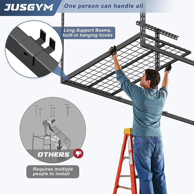 4X8FT Overhead Garage Storage Rack, 26"-40" Height Adjustable Garage Ceiling Storage Racks, Heavy Duty Metal Overhead Storage Organizer System, 750LBS Weight Capacity
