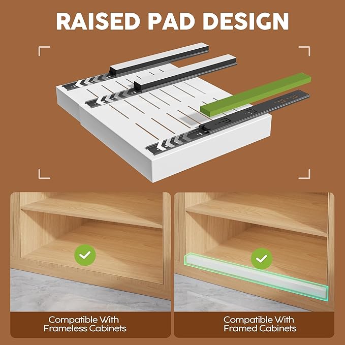 1 Pack Expandable Pull Out Cabinet Organizer 21" Deep with Raising Pad for Framed Cabinets,Upgrade 3 Slide Rails Slide Out Drawers,Roll Out Shelves Adhesive,Adjustable Width 12.05"-20.4"White