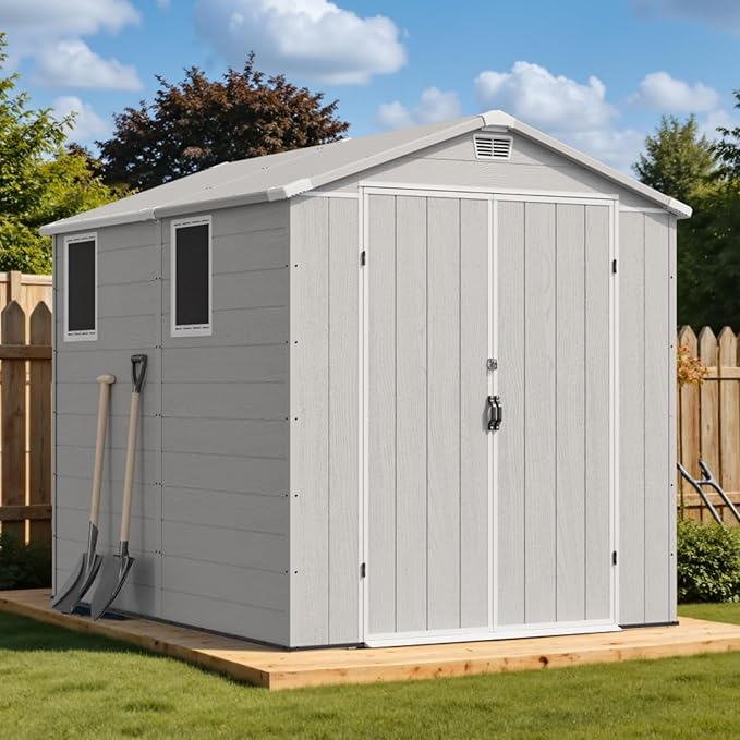 Devoko 6x8 FT Resin Storage Shed with Floor, Outdoor Plastic Garden Shed with Window, Waterproof Tool Storage Shed with Lockable Door for Backyard, Patio, Lawn, Light Gray