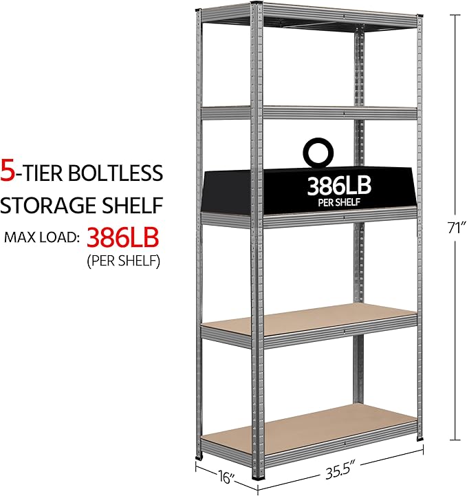 Topeakmart 5-Tier Utility Shelves, Metal Storage Shelves Garage Shelving Unit Adjustable Garage Storage Shelves Storage Racks Heavy Duty Shed Shelving- Light Gray, 35.5 x 16 x 71 Inch