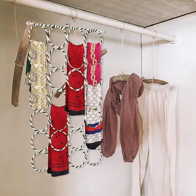 Creative Paper Rattan Scarf Rack 28-Ring Scarf Organizer Holder Clothes Hanging Ring Wardrobe Storage Neckties Ties Space-Saving Closet Accessory Organizer Random Color