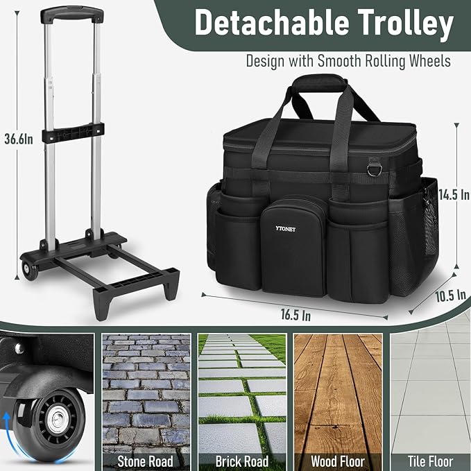 Ytonet XXL Cleaning Caddy with Wheels, Large Rolling Cleaning Caddy Bag with Detachable Trolley for Housekeepers, Water Resistant Cleaner Supplies Organizer with Wheels for Kitchen, Tool Organizer