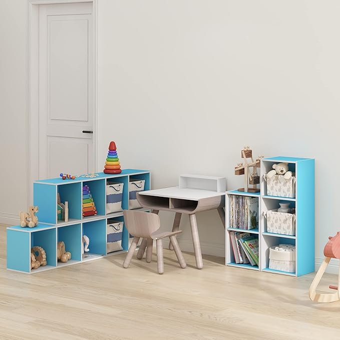 Furinno PASIR Book Shelf, 5-Tier Modern Bookshelf, Open Shelves Bookcase 9 x 12 x 52, for Living Room, Bedroom, Home Office, Light Blue/White