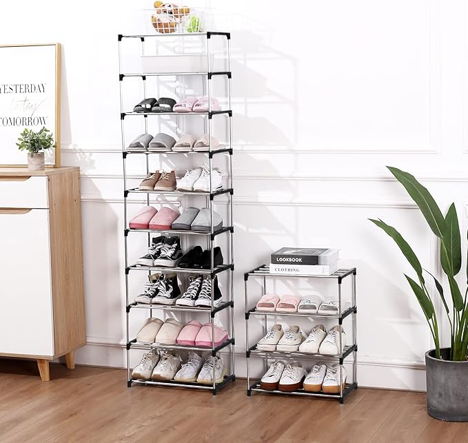 Stackable Small Shoe Rack, Entryway, Hallway and Closet Space Saving Storage and Organization (4-Tier, Black)