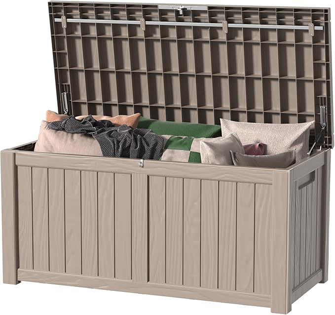150 Gallon Outdoor Deck Box,Waterproof Resin Outdoor Storage Boxes, Outside Storage Lockable Container for Garden Tools,Indooor Cushions,Accessories (Grey)