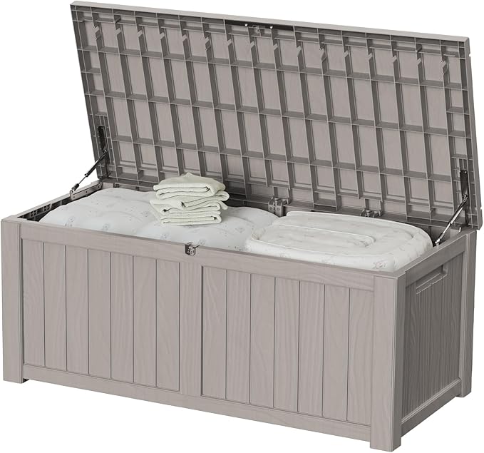 Outdoor Storage Deck Box Waterproof, 150 Gallon Large Lockable Patio Storage Bin Chest, Resin Outside Container Seat Bench for Furniture Cushions, Pool Accessories, Garden Tools & Delivery, Grey