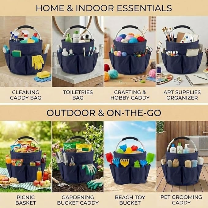 Multifunctional 17L Cleaning Caddy,Foldable 600D Organizer Bag with EVA Grip and 6 Pockets,Portable Storage Tote for Housekeeping,Car Detailing,Garden,Bathroom and Dorm (blue)