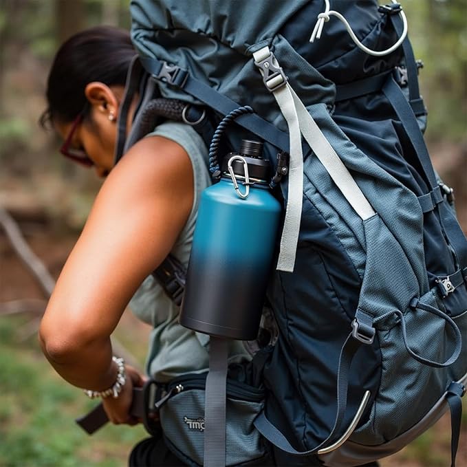 Half Gallon Water Bottle with 2 Lids (Straw & Spout), 304 Stainless Steel Sports Insulated Bottle with Handle, 64 oz Vacuum Double Walled Water Jug with Wide Mouth, BPA Free, Blue&Black