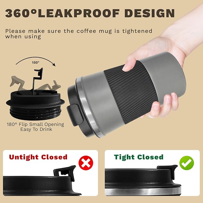 Vacuum-Insulated Stainless Steel Travel Coffee Mug, Leak-Proof Reusable Coffee Cup with Lid-Keeps Drinks Hot & Cold for Hours, Durable Double Wall Tumbler for Men & Women (3rd-Grey, 12OZ)