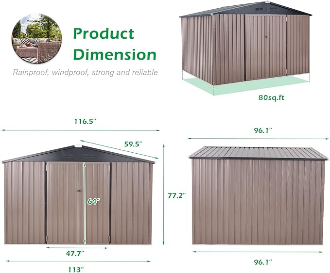 AECOJOY 8' x 10' Outdoor Storage Metal Shed, Steel Yard Garden Sheds & Outdoor Storage Clearance with Design of Lockable Doors, Utility and Tool Storage for Garden, Backyard, Patio, Outside use