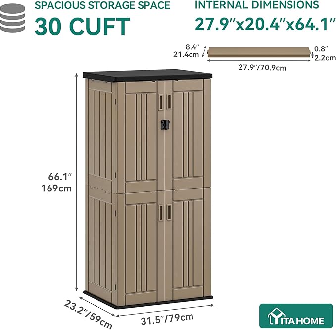 YITAHOME Outdoor Tall Storage Cabinet with 4 Shelves, Waterproof Resin Vertical Tool Shed, Lockable 30 cu. ft. Storage Shed for Patio, Garden, Yard, Brown