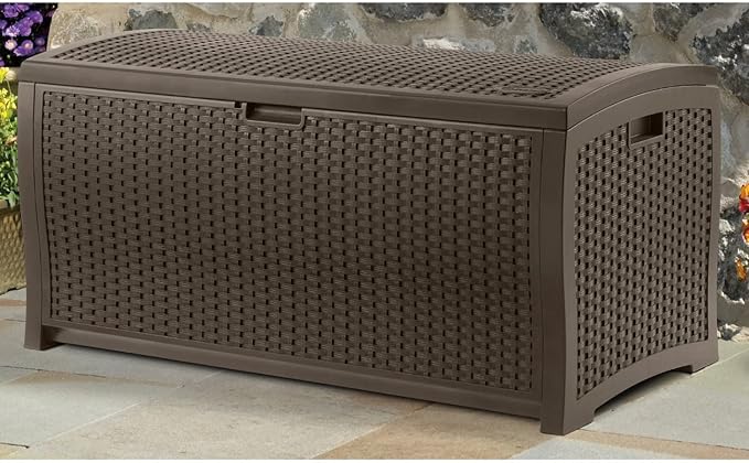 Suncast 99 Gallon Deck Garden Garage Home Wicker Resin Pool Box, Mocha (3 Pack)