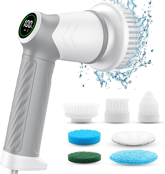 DAESUNG Electric Spin Scrubber, Cordless Power Scrubber & Electric Cleaning Brush with 7 Replaceable Heads, Dual Speed IPX7 Waterproof Handheld Scrubber for Bathroom, Shower & Tile Cleaning