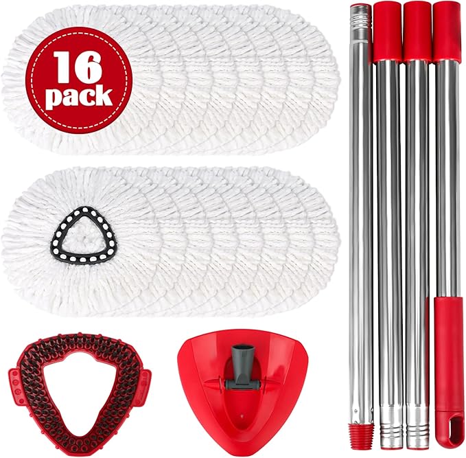 Spin Mop Replacement Set for O-Ceda EasyWring 1-Tank System, 16 Microfiber Spin Mops Refills,1 Scrubber Head,1 Triangle Spin Base,and(31-63in) Adjustable Handle Set Combo