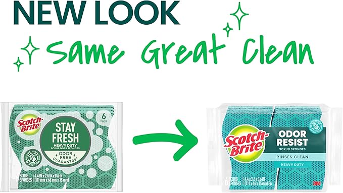 Scotch-Brite Odor Resist Heavy Duty Scrub Sponge, Dishwasher-Safe Kitchen sponges for Serious Scrubbing, Multipurpose Dish Sponge for Stuck-On Messes, 6 Scrubbing Sponges