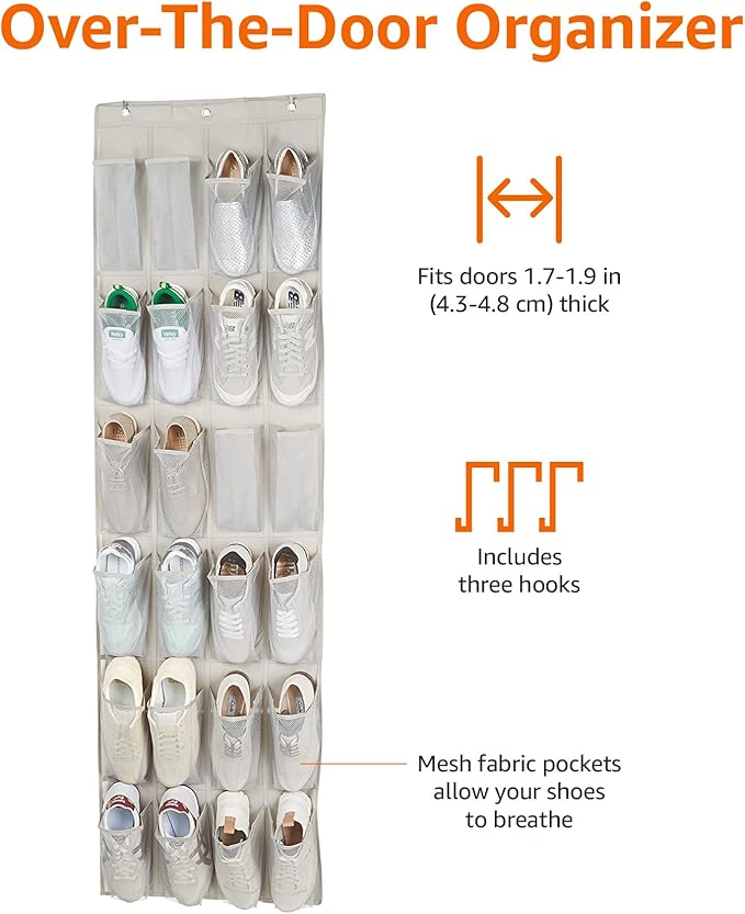 Amazon Basics Hanging Shoe Organizer Medium Pocket Light Grey | Over-the-Door, 24