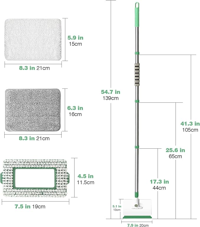 Baseboard Cleaner Tool with Handle, Wall Cleaner Mop with 54.7'' Adjustable Long Handled 1 Scrubber Brush Mop Head and 4 Reusable Cleaning Pads for Baseboards Cleaning, Ceiling, Skirting Board