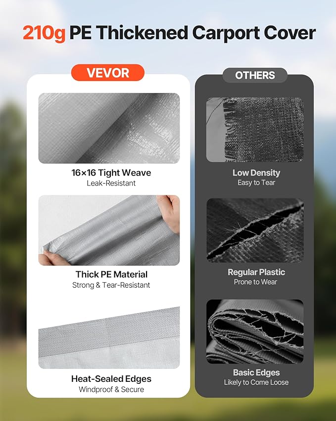 VEVOR Carport Replacement Canopy Cover, 12 x 20 ft Potable Garage Tent Top Tarp with Sidewalls, UV-Resistant & Waterproof, Heavy Duty Car Shelter Tarp with Ball Buggees, Grey, Frame Not Included
