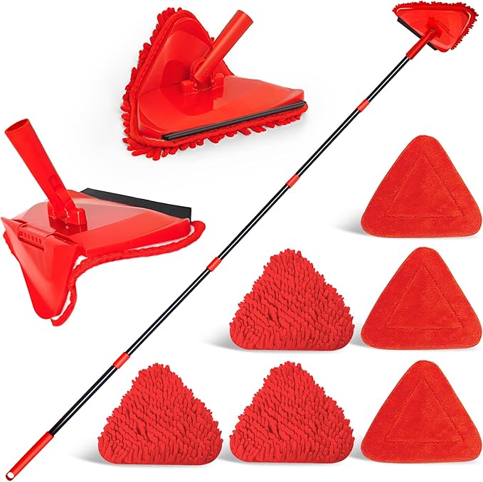 NEWE Wall Mop Cleaner with 80 inches Long Handle, 180° Folding Ceiling Cleaning Tool with Squeegee for Washing Painted Walls, Triangle Baseboard Scrubber with 3 Chenille Duster and 3 Microfiber Pads