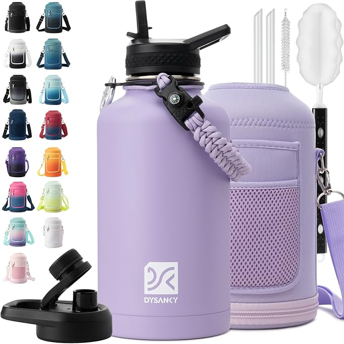Insulated Water Bottle | Thickened Stainless Steel Vacuum Metal | Portable Sports Half Gallon Large Water Jug for Gym and Hiking with Straw, Carrier Bag, Handle Strap | BPA-Free 64 oz