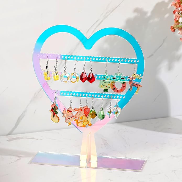 Qunclay Earring Holder Heart Shaped Jewelry Display with Holes 2 Tiers Earring Stand Aesthetic Cute Acrylic Rack for Women Dresser Nightstand Countertop Jewelry Organizer(Rainbow,1 Pcs)