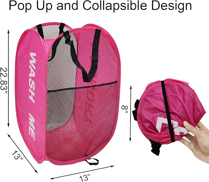 Pop Up Laundry Hamper Collapsible Laundry Basket Mesh Foldable Pink Dirty Clothes Hamper with Handles for Home, Bathroom, Bedroom, Travel, Cruise
