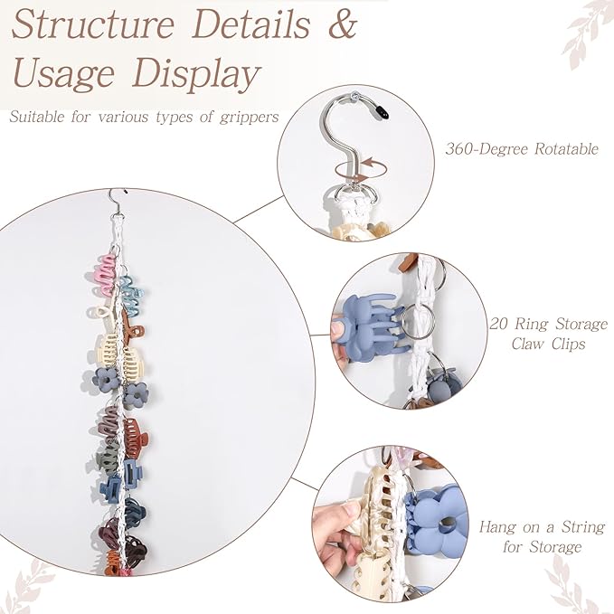 SNOWSTAR Macrame Hair Claw Clip Organizer with Rotating Hook and 20 Metal Rings,Hanging Hair Clip Holder and Storage for Women Girls,Claw Clips Hanger Home Decor for Wall,Door,Closet