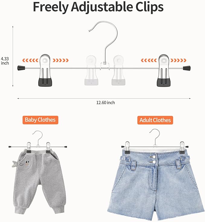 IEOKE Pants Hangers with Clips: 12 Pack Skirt Hangers for Women Metal Adjustable Trouser Hangers for Jeans Shorts Dress - Black