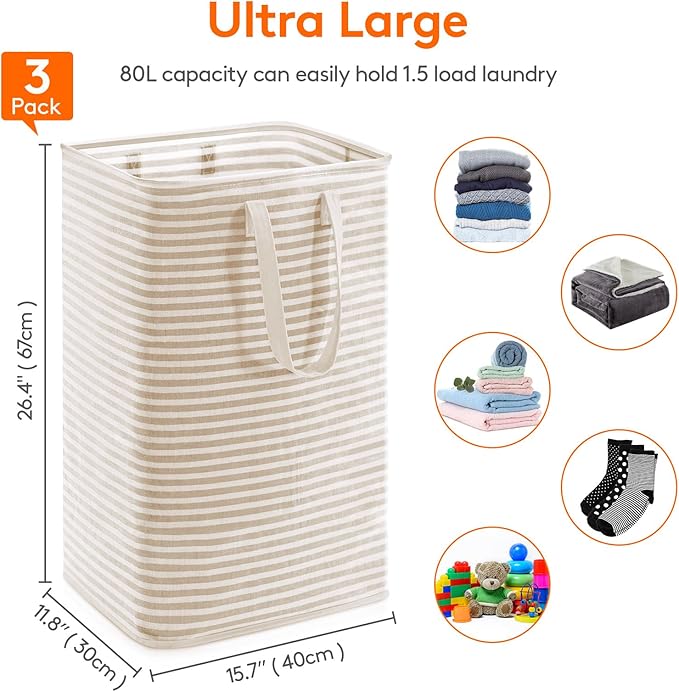 Lifewit 3 Pack Laundry Hamper Large Collapsible Laundry Baskets, Freestanding Waterproof Clothes Hamper with Easy Carry Handles in Laundry Room Bedroom Bathroom College Dorm, Black, 3 x 80L