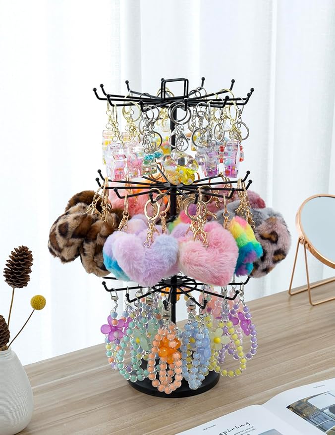 MyGift 3 Tier Classic Large Black Metal Jewelry Tree Holder Organizer with 360 Degree Rotating Arms, Spinning Necklace and Bracelet Tower Display Stand with 36 Hooks and Top Card Holder For storage
