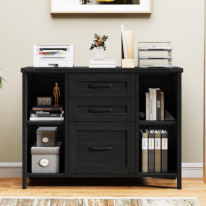 3 Drawer File Cabinet, Farmhouse Lateral Filing Cabinet Fits Files Letter or A4 Size, Wooden Printer Stand with Open Storage Adjustable Shelf for Home Office, Black