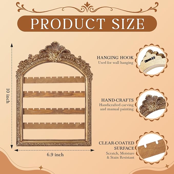 1 Pcs Wall Hanging Earring holder Organizers Vintage Arched Frame 4 Layer Wall Mounted Jewelry Holder Decorative Retro Baroque Stud Earring Display Gift (Gold,10 x 6.9'')