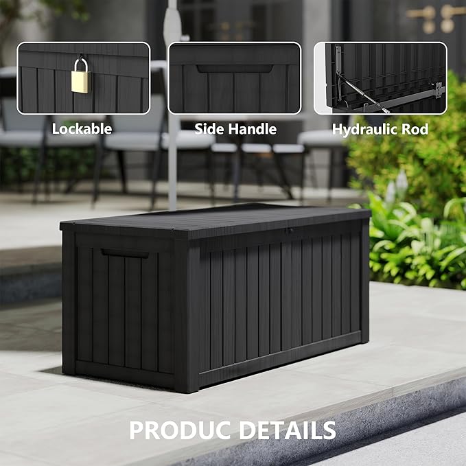 150 Gallon Resin Deck Box, Waterproof Outdoor Storage Box, Lockable for Patio Furniture, Garden Tools, Pool Accessories, UV-Resistant for All Weather Use, Black