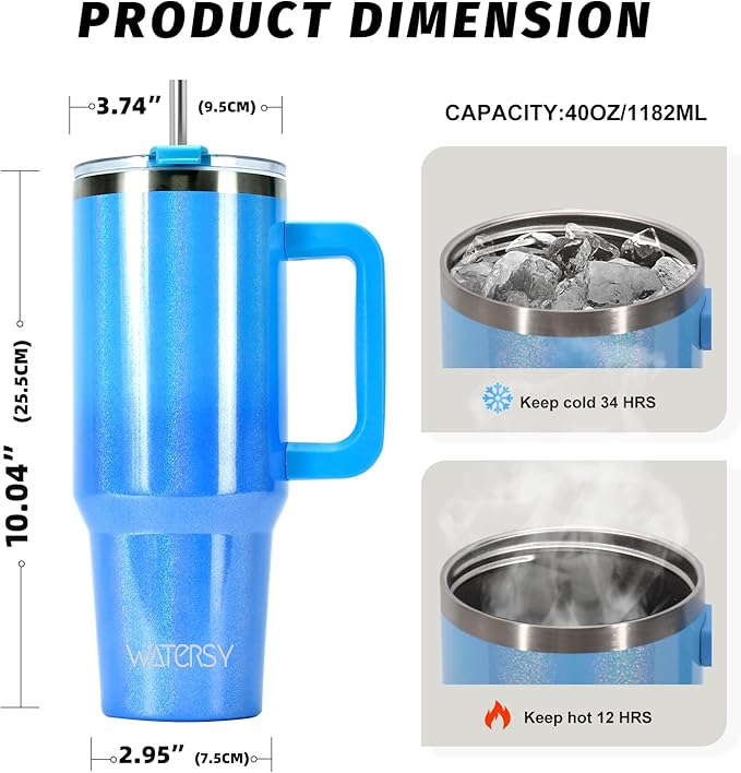 40 oz Shiny Tumbler with Handle and Straw,Stainless Steel Tumbler with Lid and Straw,Insulated Travel Mug(Cold for 34 Hours),Water Bottle for Iced Tea,Coffee (Blue)