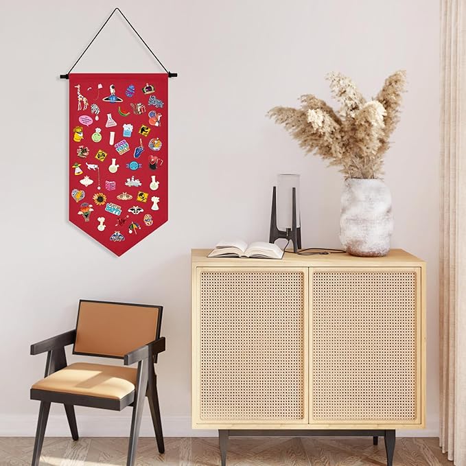 Kunyeah Wall Hanging Brooch Organizer Storage Case Colorful Canvas Pin Board Stand Enamel Pin Badge Hanging Holder Display Banner Earrings Collection Holder - Pins No Included (Red)