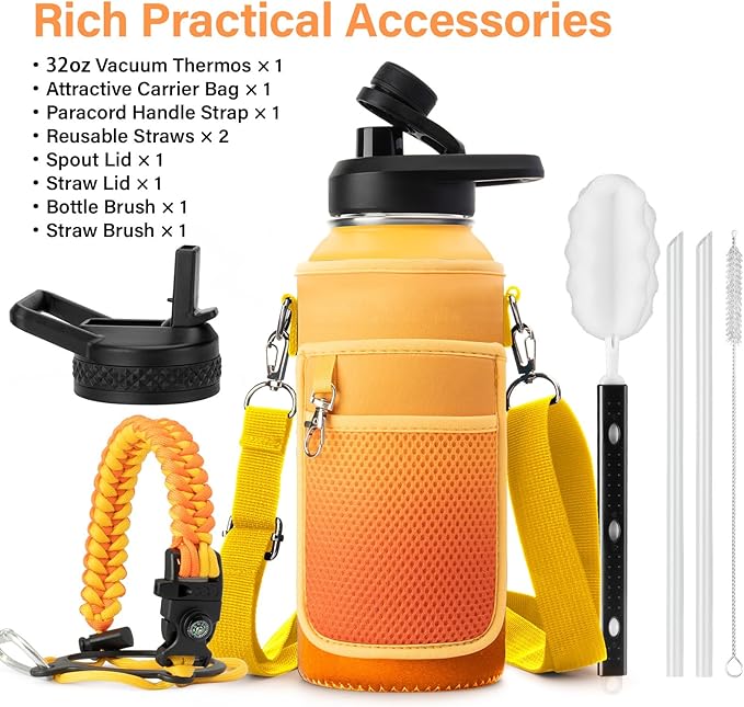 32 oz Insulated Water Bottle | Upgraded Thickened Stainless Steel Water Jug for Gym and Hiking with Straw, Carrier Bag, Handle Strap | BPA-Free 32 oz