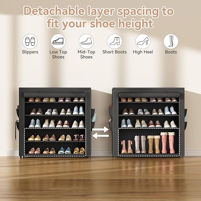 Shoe Rack with Covers 5 Tier Tall Shoe Rack Organizer Large Capacity Shoe Shelf Storage 20-24 Pairs Space Saving Free Standing Shoe Storage Organizer for Closet, Entryway, Dorm, Black