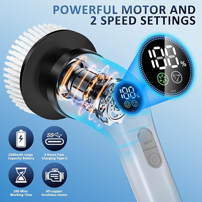 Electric Spin Scrubber Upgraded Battery with Extra-Long Runtime, IPX7 Waterproof Power Cleaner with 7 Brush Heads, 2 Speeds Adjustable Long Handle for Bathroom, Floor, Shower