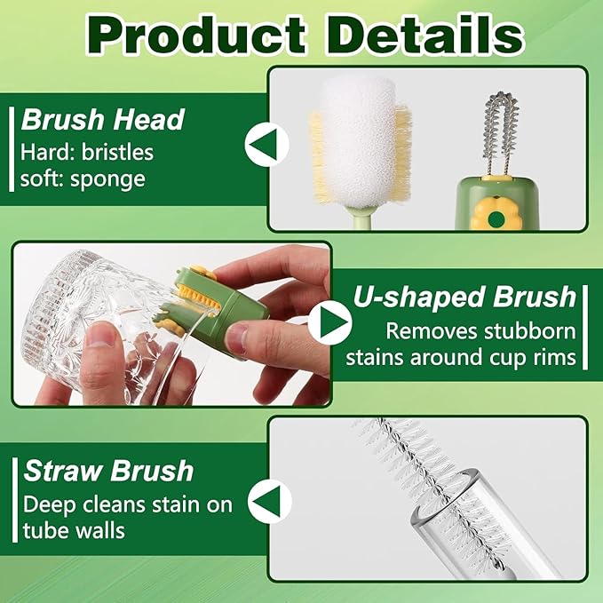 5-in-1 Bottle Cleaning Brush Set, Multifunctional Kitchen Lid Scrubber with Long Handle, Portable Brush Tools for Cups, Hard Bristle Sponge Head(2 Pack)