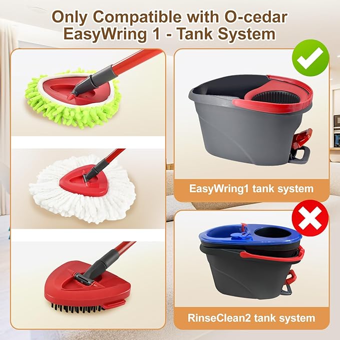 6 Pack Mop Heads Replacement for Ocedar EasyWring 1 Tank Spin Mop System,Include 2 Microfiber Spin Mops Replace Head&2 Chennile Mops Head Machine Washable with Scrubber Mopp Head and Base for Cleaning